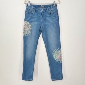 Tommy Bahama Denim Slim Leg Medium Blue Wash Hibiscus Leaf Print Women’s Size 26